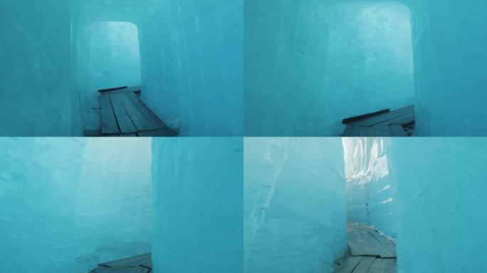 冰川融化。罗纳河冰川中的冰洞。