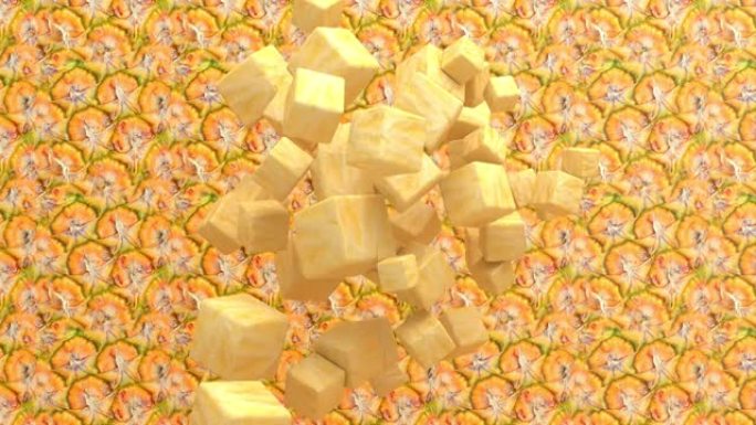 热带异国情调黄色新鲜甜美多汁菠萝水果抽象艺术背景，成熟夏威夷美味安娜纳斯3d渲染动画，素食和你好夏季