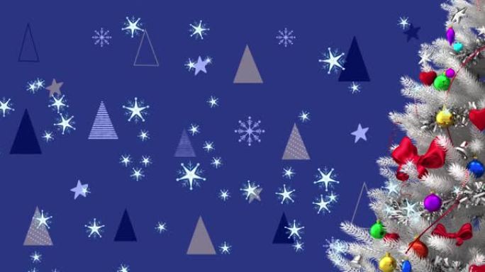 蓝色背景圣诞树图案上的圣诞树动画