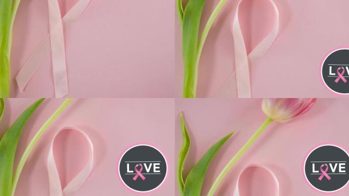 动画的乳腺癌意识文字花和粉红色乳腺癌丝带