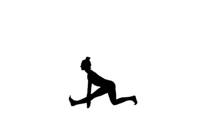 穿着运动服的年轻女子的黑色轮廓做瑜伽，伸展身体。锻炼，女性健身，有氧运动。白色背景上的全长侧视图。慢