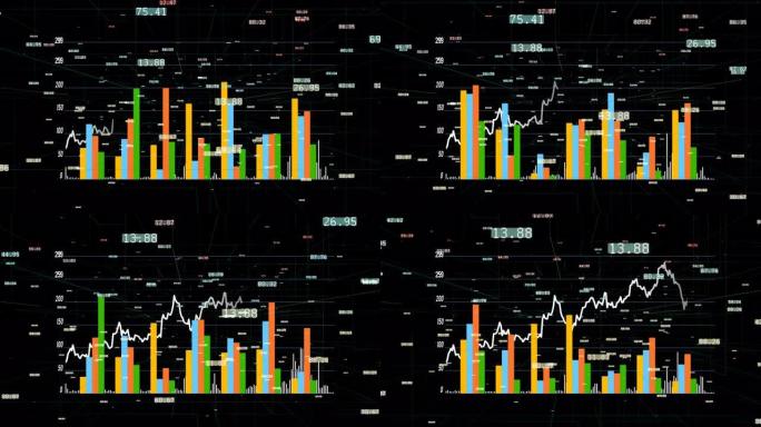 4k增长财务图表、商业数据趋势图、数字墙、互联网技术