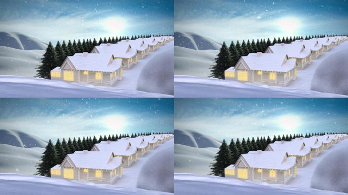 积雪落在冬季景观上，有多座房屋和树木