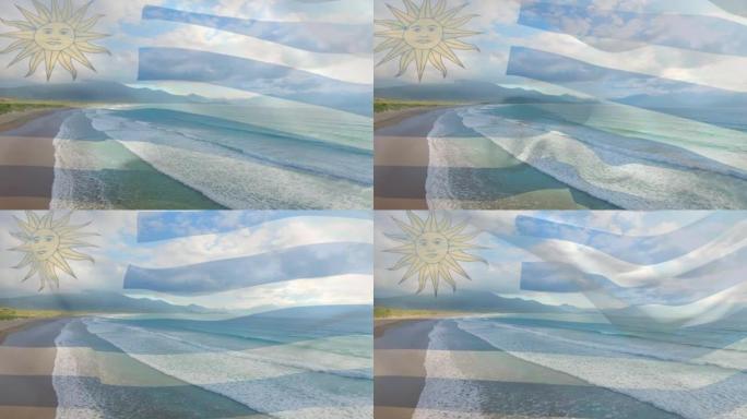 数字组成的挥舞乌拉圭旗帜反对海滩和海浪的鸟瞰图
