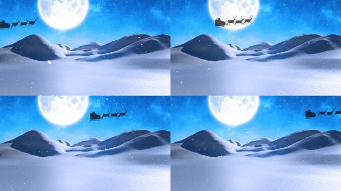 雪落在雪橇上的圣诞老人上，被驯鹿在冬季景观和夜空中拉动