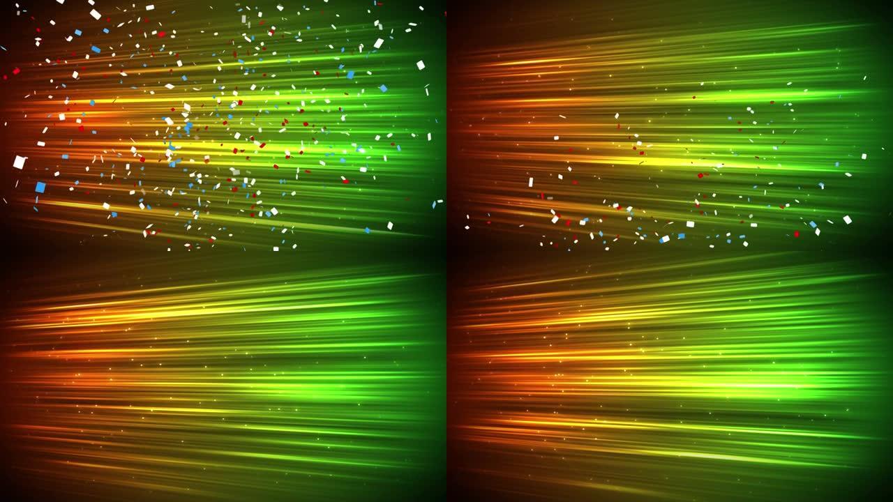 背景中五彩纸屑掉落在发光的绿色到橙色光轨迹上的动画