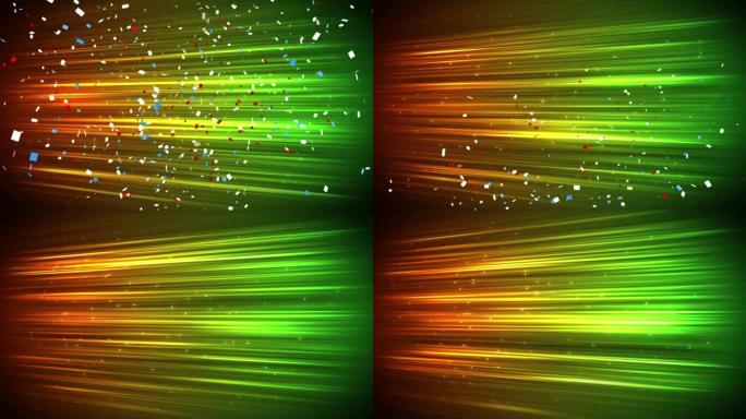 背景中五彩纸屑掉落在发光的绿色到橙色光轨迹上的动画