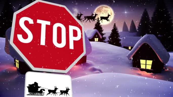 圣诞老人在雪橇上停车标志的动画，驯鹿和雪落下