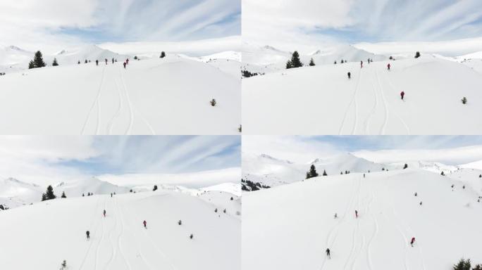 在阿尔卑斯山高山的一个阳光明媚的冬日，在滑雪坡上的新鲜雪中进行自由滑雪和单板滑雪。粉末雪中的冒险和极