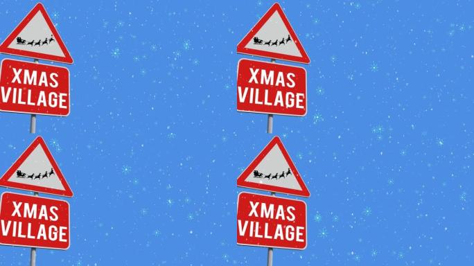 蓝色背景上的圣诞节路标上积雪的动画