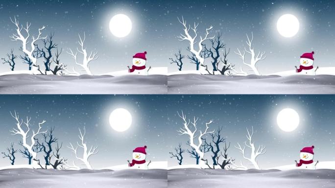 雪人，月亮和冬季景观上的积雪动画