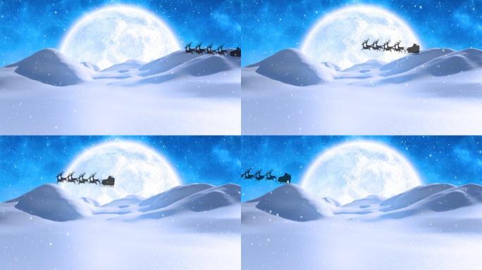 雪落在雪橇上的圣诞老人上，被驯鹿在冬季景观和夜空中拉动