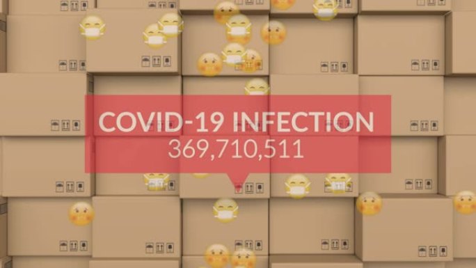仓库中包裹上的covid感染计数器和病态表情符号的动画