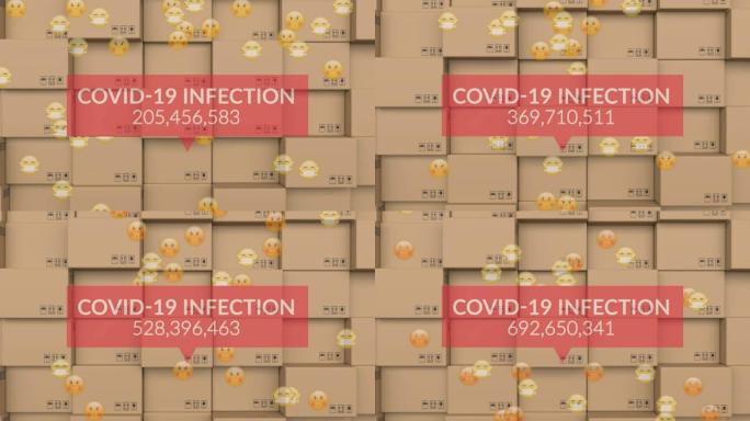 仓库中包裹上的covid感染计数器和病态表情符号的动画
