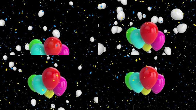 彩色气球飞行和五彩纸屑掉落黑色背景的动画