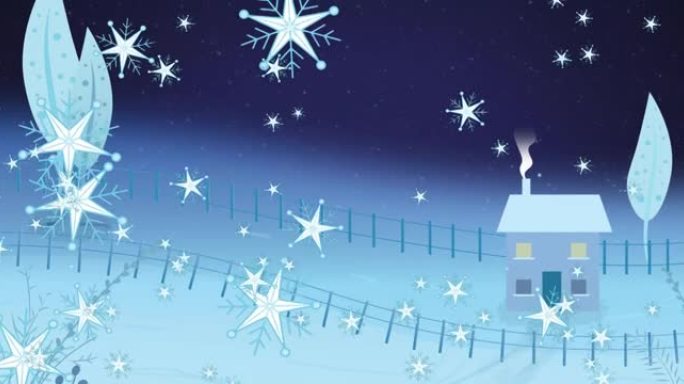 雪花飘落在雪地上的动画圣诞节冬季景观与房子