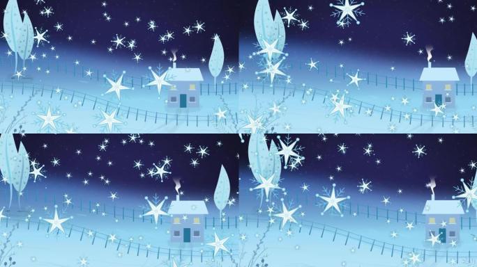 雪花飘落在雪地上的动画圣诞节冬季景观与房子