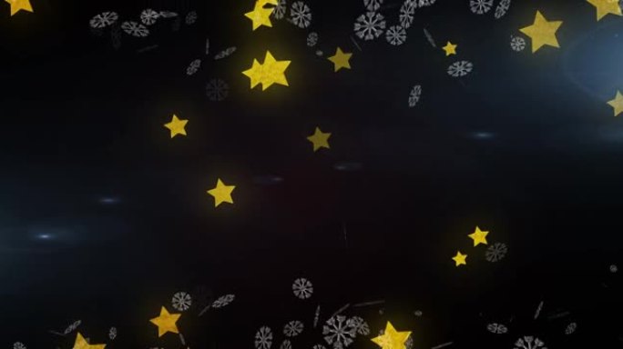 雪花和黄色星星图标漂浮在蓝色背景上的数字动画