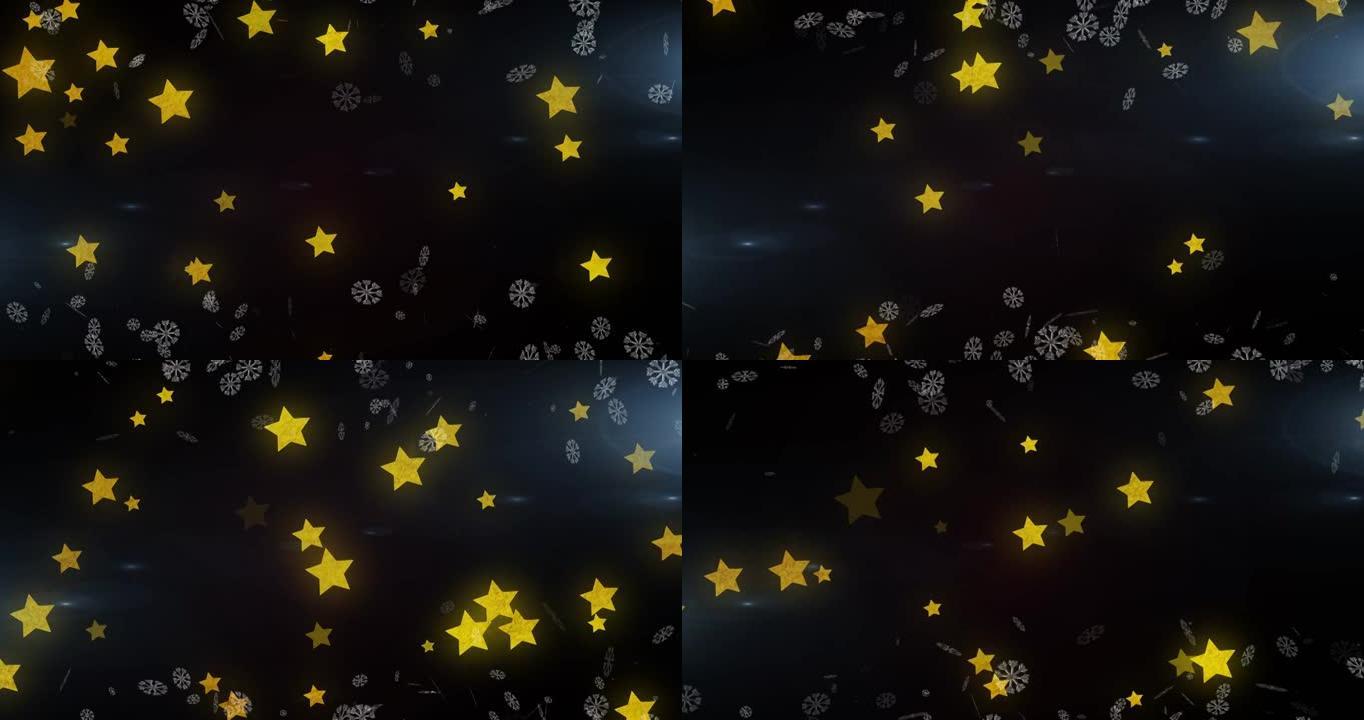 雪花和黄色星星图标漂浮在蓝色背景上的数字动画