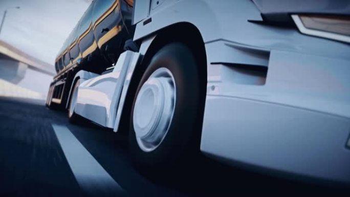 高速公路上的3d通用油车。非常快的驾驶。交付概念。逼真的4k动画。