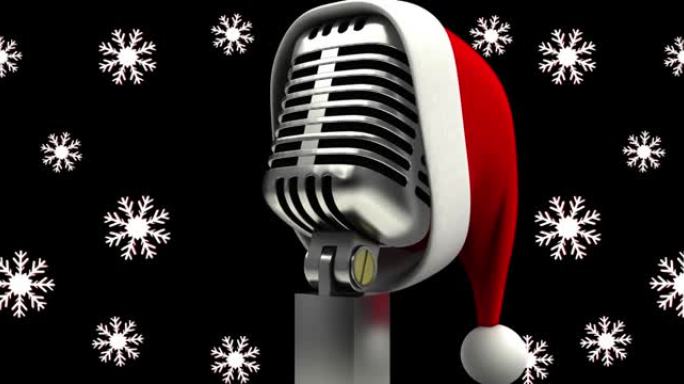 黑色背景圣诞老人帽子上的圣诞雪花落在复古麦克风上的动画
