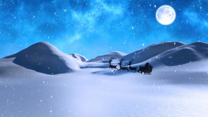 圣诞老人在雪橇上的动画，驯鹿在冬天的雪地上落下