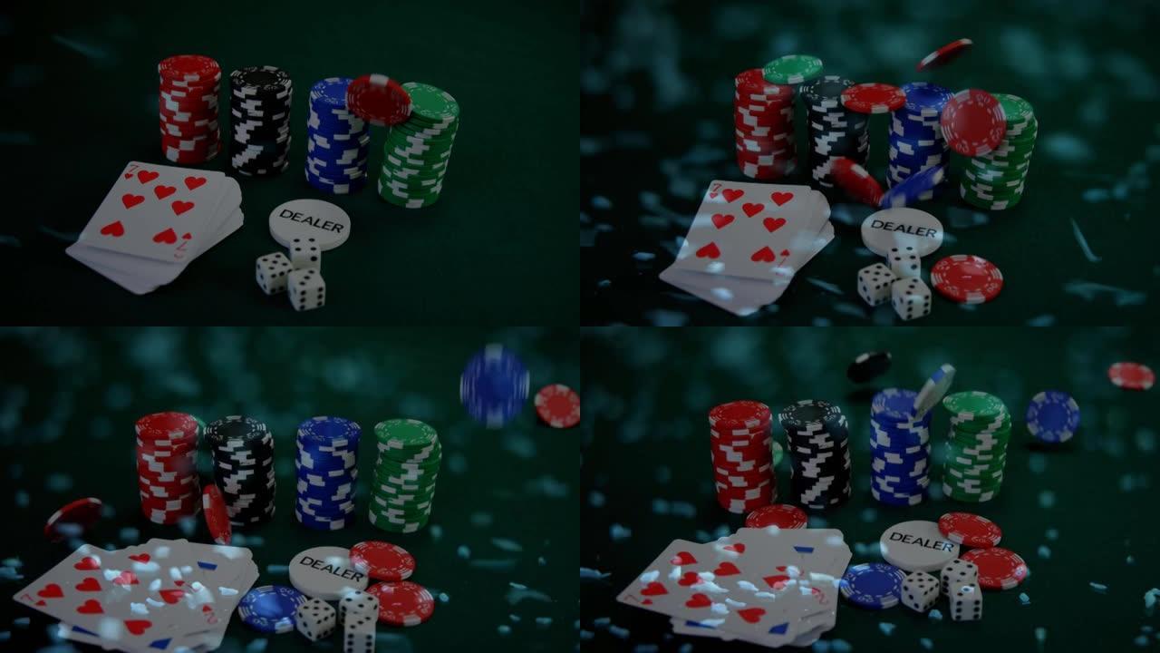 船上一叠叠赌场游戏筹码和卡片的动画