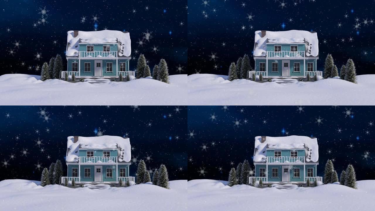 冬季风景下积雪覆盖房屋的动画