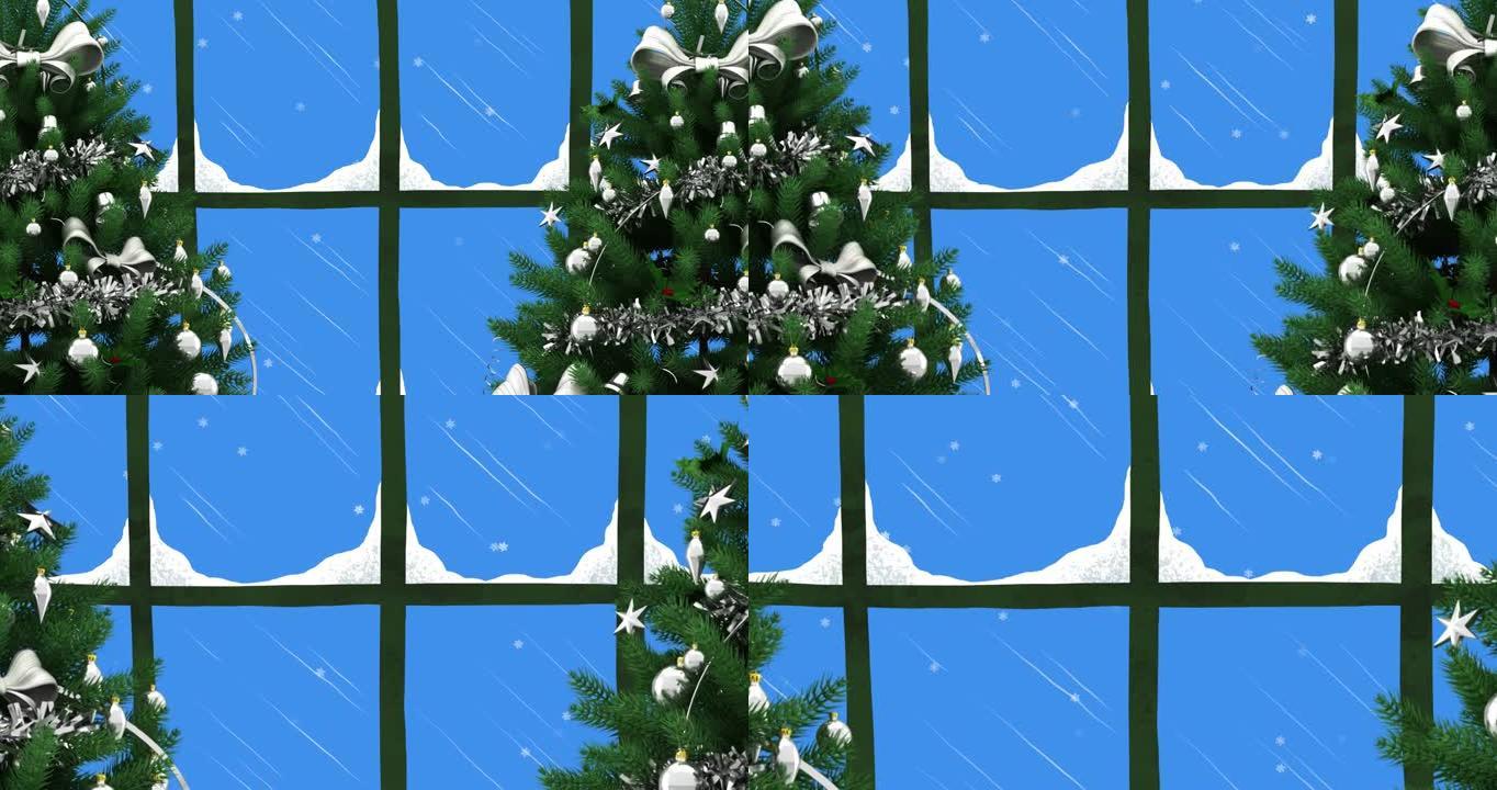 两棵圣诞树和透过窗户看到的雪花的动画
