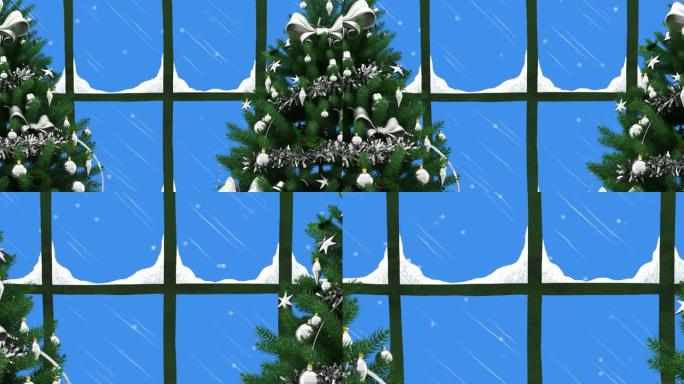 两棵圣诞树和透过窗户看到的雪花的动画