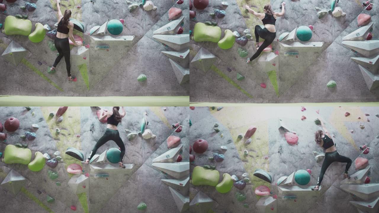 运动女孩攀岩者在健身房从事攀岩运动。在布袋中使用镁。爬上有障碍物的墙，火车。
