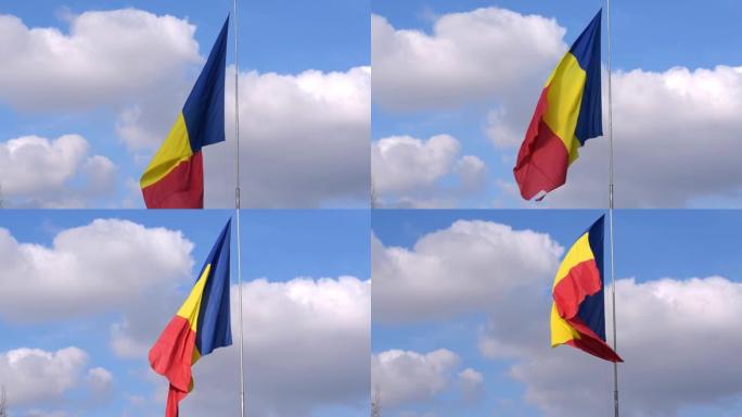 大罗马尼亚国旗在风中飘扬。罗马尼亚的红黄蓝三色国旗迎风飘扬。