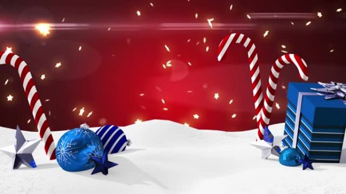 圣诞节糖果上飘落并呈现在红色背景上的雪花动画