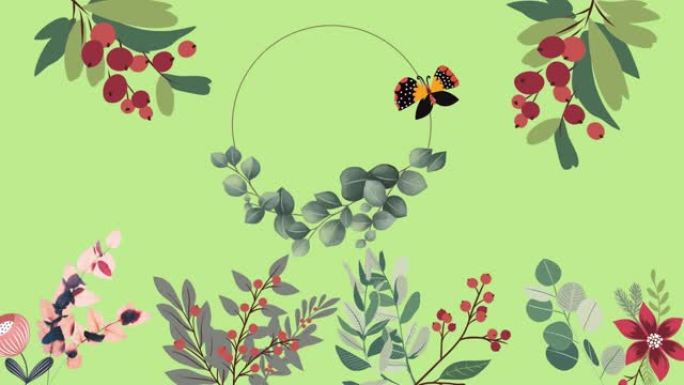 绿色背景上带有中央环和蝴蝶的树叶，花朵和红色浆果的动画