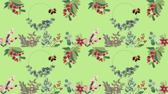 绿色背景上带有中央环和蝴蝶的树叶，花朵和红色浆果的动画