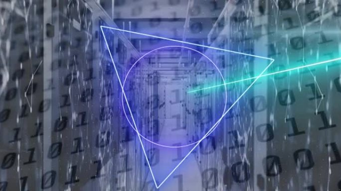 霓虹灯形状在服务器机房上移动的动画