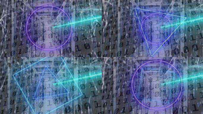 霓虹灯形状在服务器机房上移动的动画