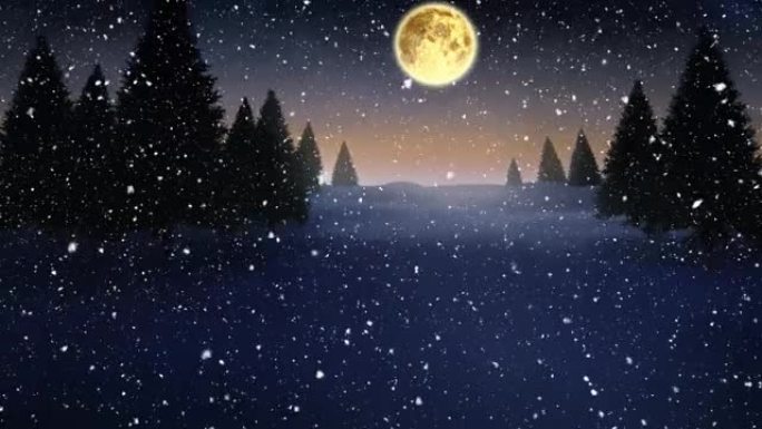 冬季景观中的雪落在月亮和枞树上的动画
