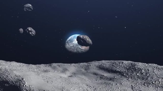 小行星流星岩石靠近月球飞向地球