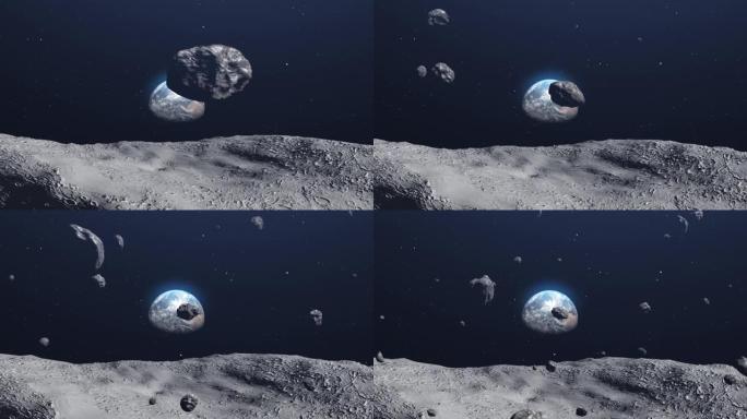 小行星流星岩石靠近月球飞向地球