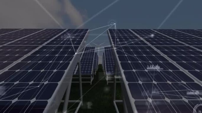 太阳能电池板和风力涡轮机上的连接网络动画