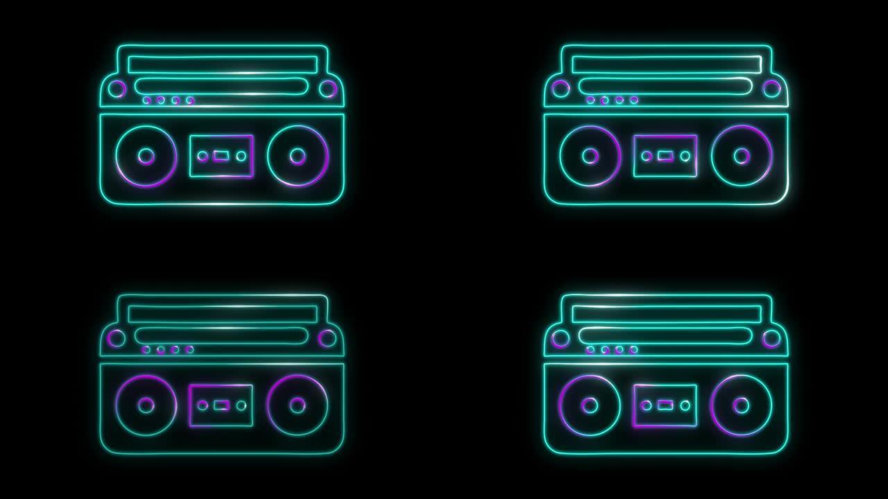 派对复古设计立体声收录机和盒式录音机，带有动画霓虹灯和扬声器，在黑色背景上。无缝环路4K
