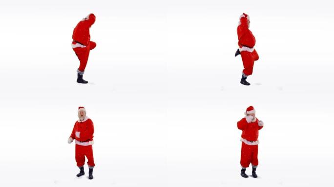 白色背景下雪花飘落并跳舞的圣诞老人动画