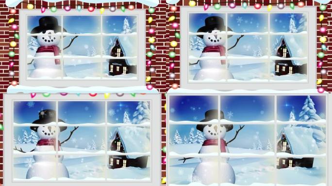 冬季圣诞节场景的动画，通过窗户看到房子和挥舞着的雪人