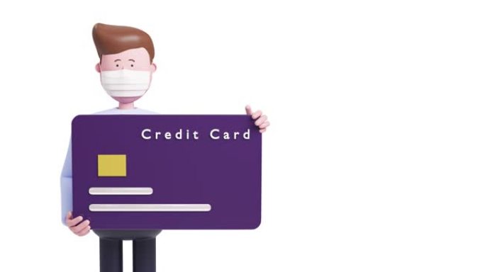 3d男子戴着面具脸拿着大紫色信用卡，孤立在白色背景上。阿尔法通道哑光，用于背景合成。概念: 支付，购