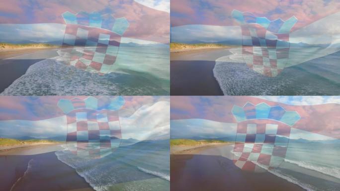 克罗地亚的旗帜在海滩景观，大海和多云的蓝天上飘扬的动画