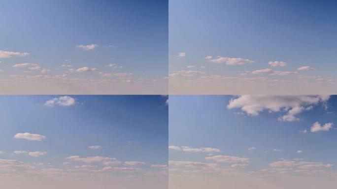 云彩飘向观众，在镜头前，延时。蓝天上的白云漂浮在前方，延时
