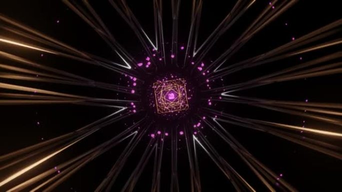 4k视频动画抽象金属隧道，末端带有氖粒子和能量源。