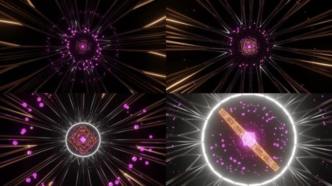 4k视频动画抽象金属隧道，末端带有氖粒子和能量源。