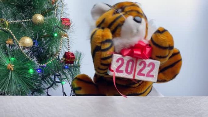 老虎与礼品盒，圣诞树附近的新年2022符号